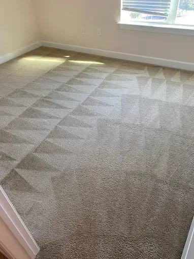 Tan carpet with a pattern of triangles in a room with a window.