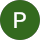 The letter p is in a green circle on a white background.