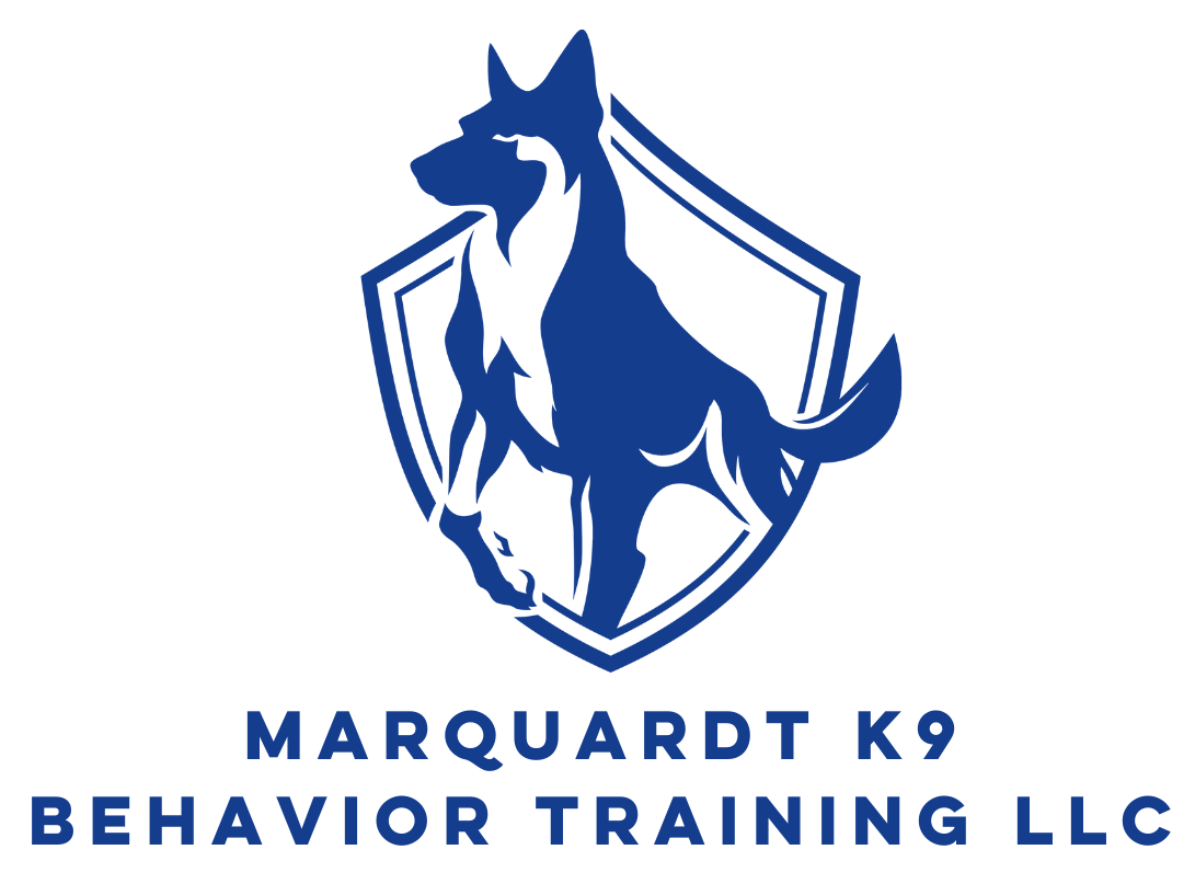 The logo for marquardt k9 behavior training llc shows a dog on a shield.