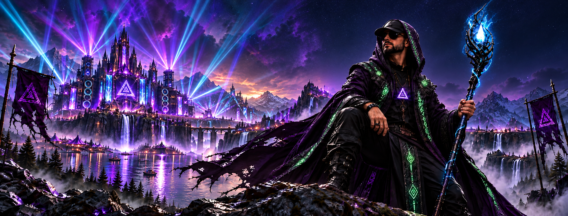 The Bass Wizard seated before a neon festival castle under laser beams