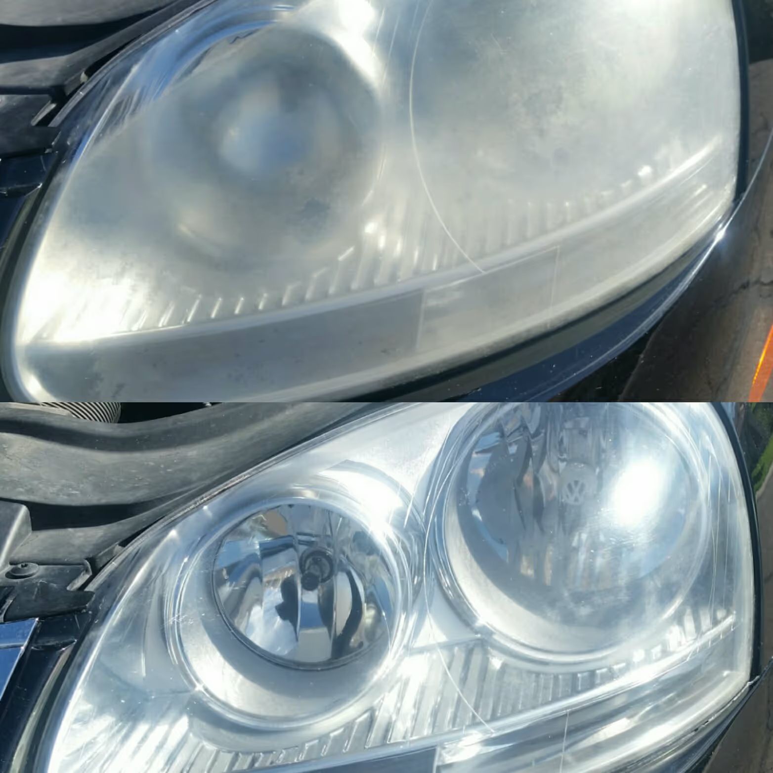 Before-and-after close-up of a cloudy car headlight restored to clear, shiny condition