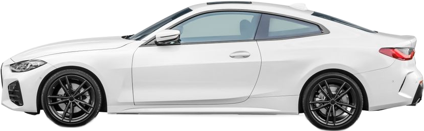 White sports coupe in side profile on a white background