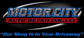 Motor City Auto Detailing LLC logo with blue and red text and the slogan &ldquo;Our Shop Is In Your Driveway&rdquo;