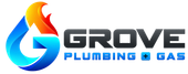 Grove Plumbing & Gas logo with a blue and orange flame G icon on white background