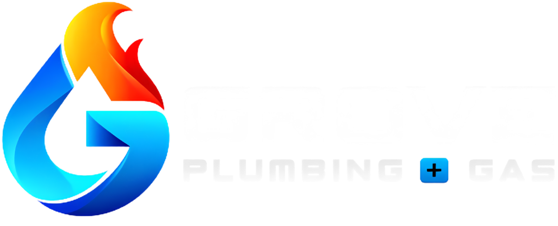 Blue-red flame logo with faint text “Plumbing + Gas” on a white background