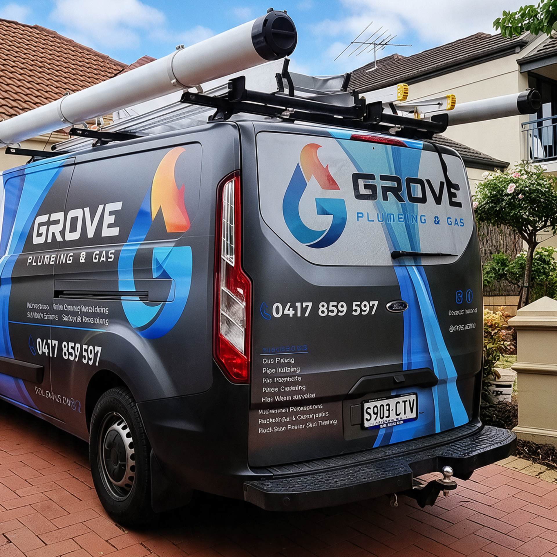 Grove Plumbing & Gas van parked in a driveway, with roof-mounted pipes and blue branding.