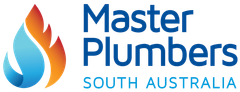 Master Plumbers South Australia logo with blue text and orange-blue water droplet flame icon