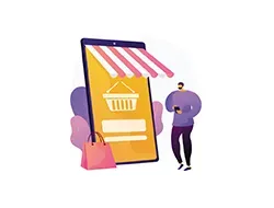 Pessoa fazendo compras online pelo smartphone, com ícone de carrinho de compras, toldo e sacola de compras.
