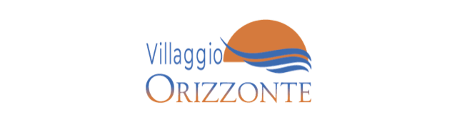 Logotipo do Villaggio Orizzonte: sol laranja, ondas azuis e o nome em azul e laranja.