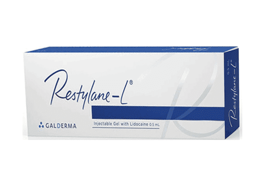 Box of Restylane-L injectable gel by Galderma; white and blue packaging; for medical use.