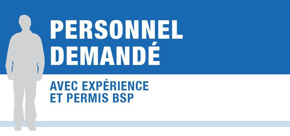 Blue rectangle with a white silhouette of a person. Text: PERSONNEL DEMANDÉ, AVEC EXPÉRIENCE ET PERMIS BSP.