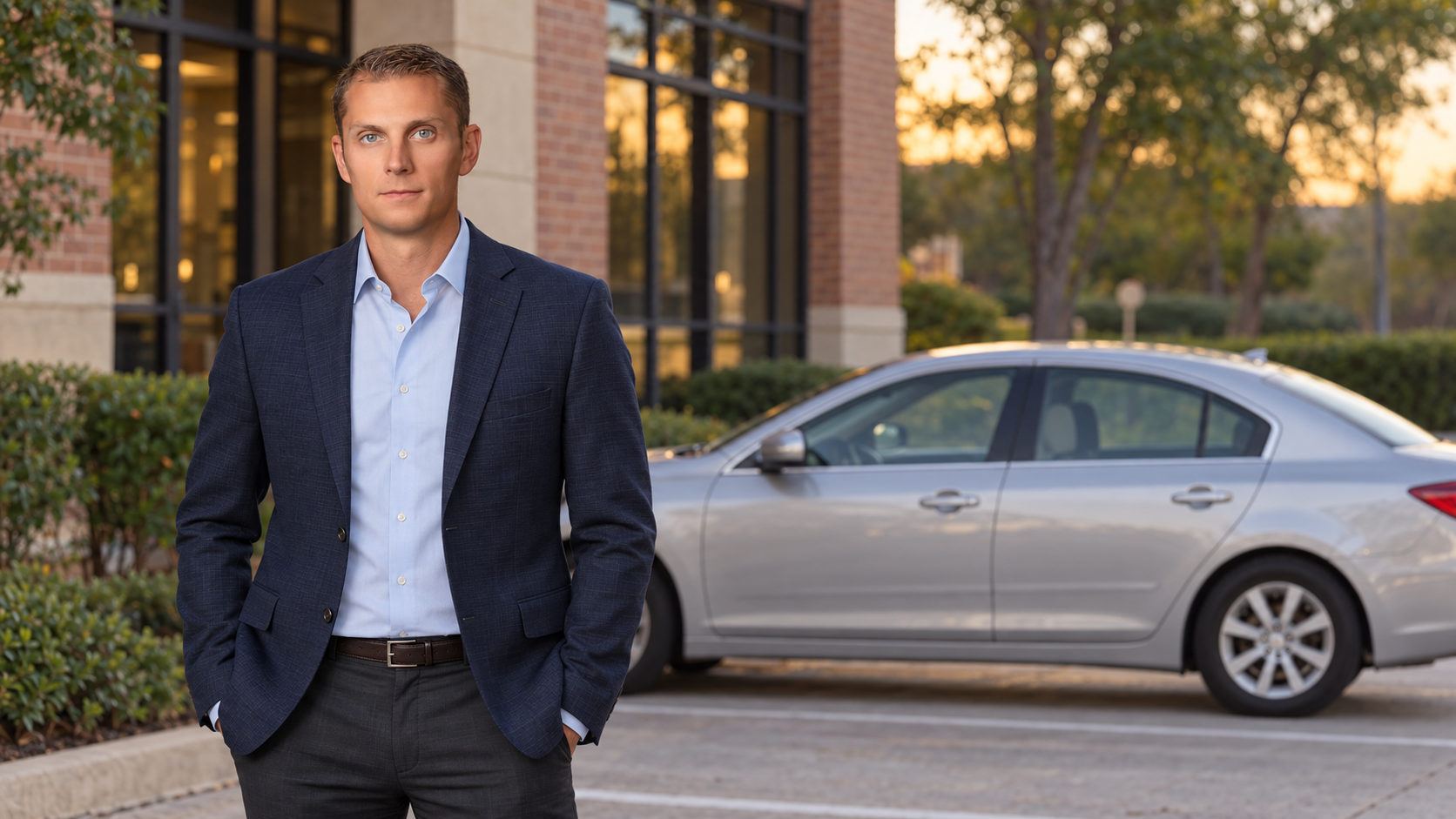 AI-generated editorial image of Steve Sears in a navy blazer and open-collar blue shirt beside a parked silver car.