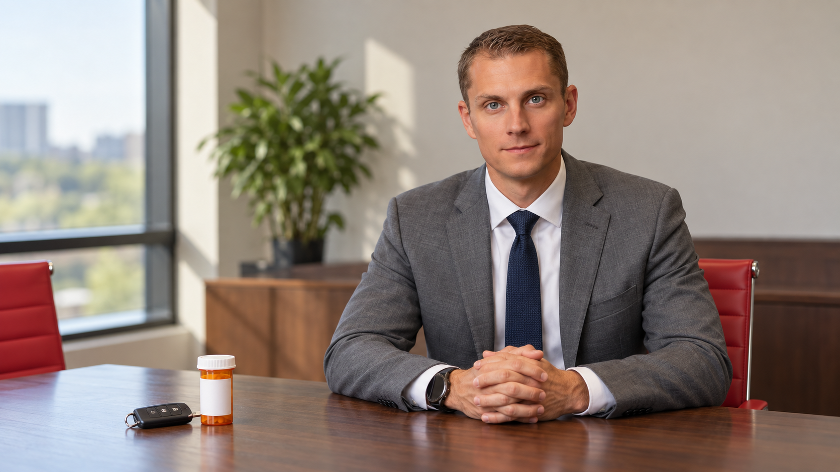AI-generated editorial image of Steve Sears in a gray suit at a conference table with a prescription bottle and car key.