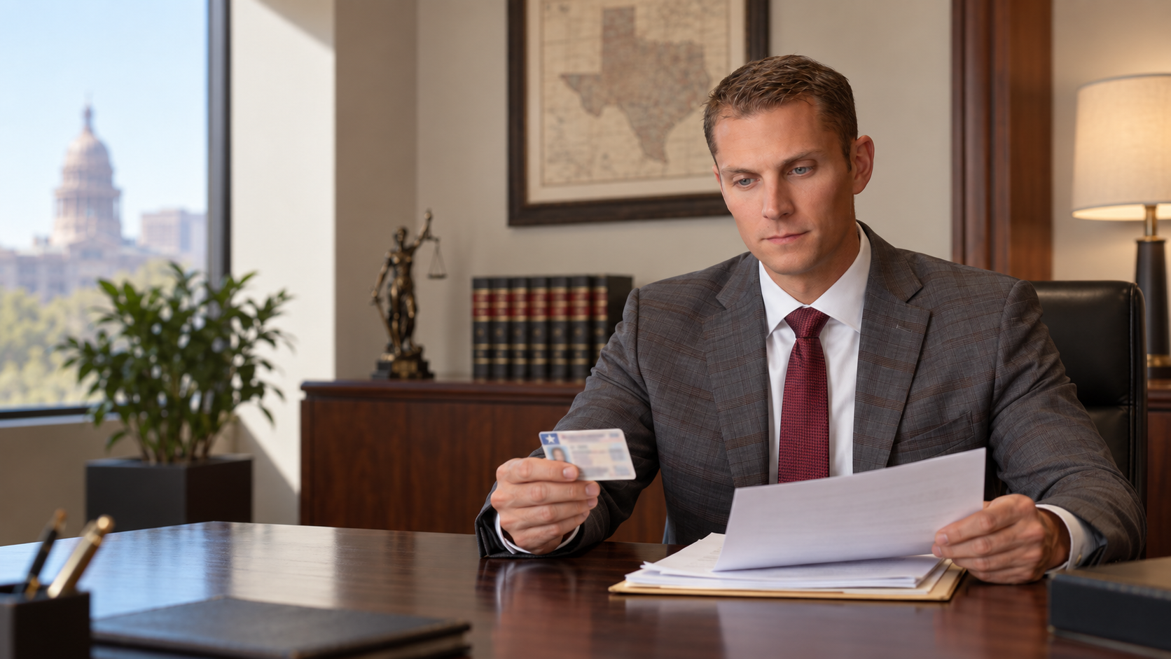 Attorney Steve Sears reviews Texas DWI license suspension notices and ALR hearing deadlines in his Frisco office.
