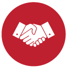 Ein Handshake-Symbol in einem roten Kreis auf weissem Hintergrund.