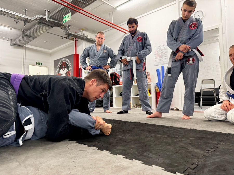Eine Gruppe von Leuten trainiert in einem Fitnessstudio Kampfsport.