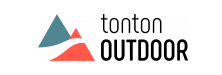 Logo Tonton Outdoor avec des formes triangulaires turquoise et corail et un texte noir sur fond blanc