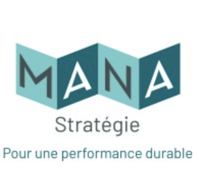 Logo “MANA Stratégie” en bleu-vert, avec le slogan « Pour une performance durable »
