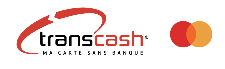 Logo Transcash avec texte rouge et noir et cercles Mastercard orange superposés