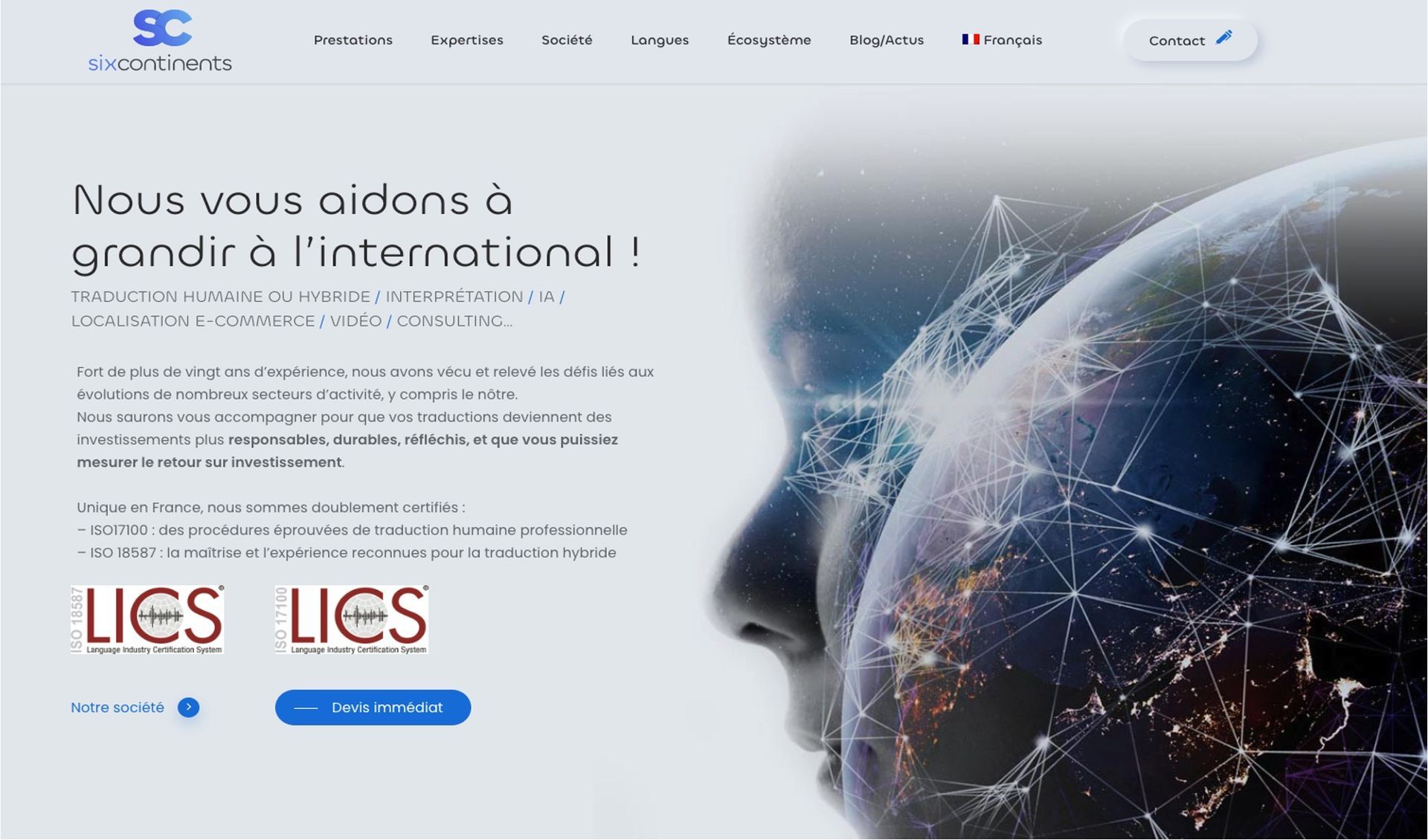 Une capture d'écran d'un site Web avec une photo du visage d'une personne et un globe.
