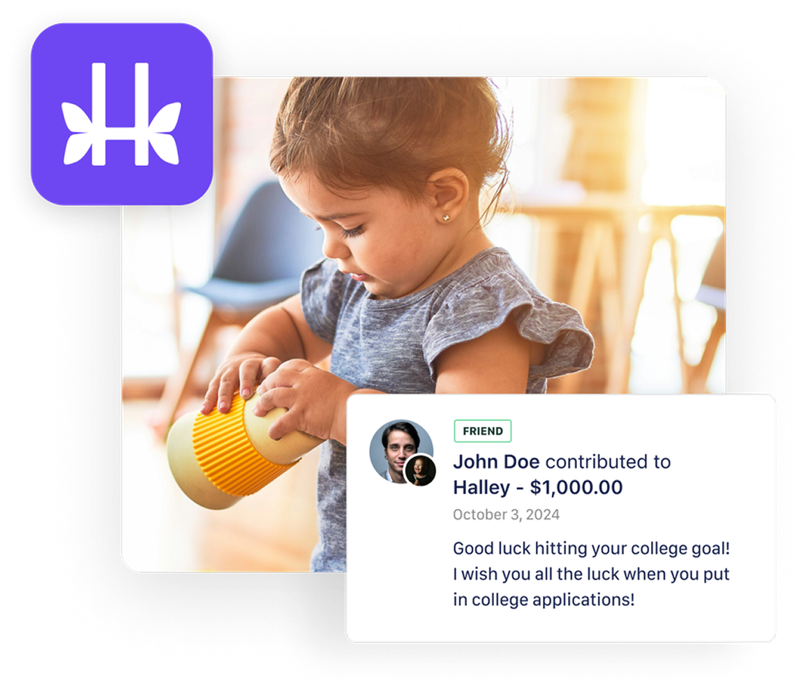 A young child playing with a cup, with a donation notification showing a $1,000 contribution from John Doe.