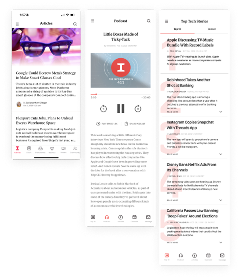 Three mobile app screens showcasing articles, a podcast, and top stories, with a red and white color scheme.