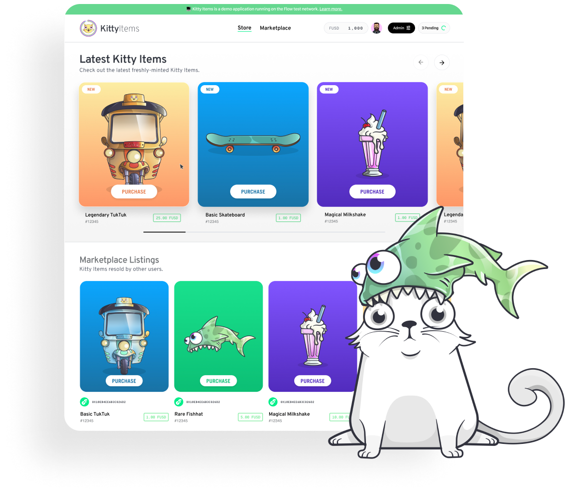 A website showcasing colorful NFTs with a cartoon cat wearing a shark hat, smiling.