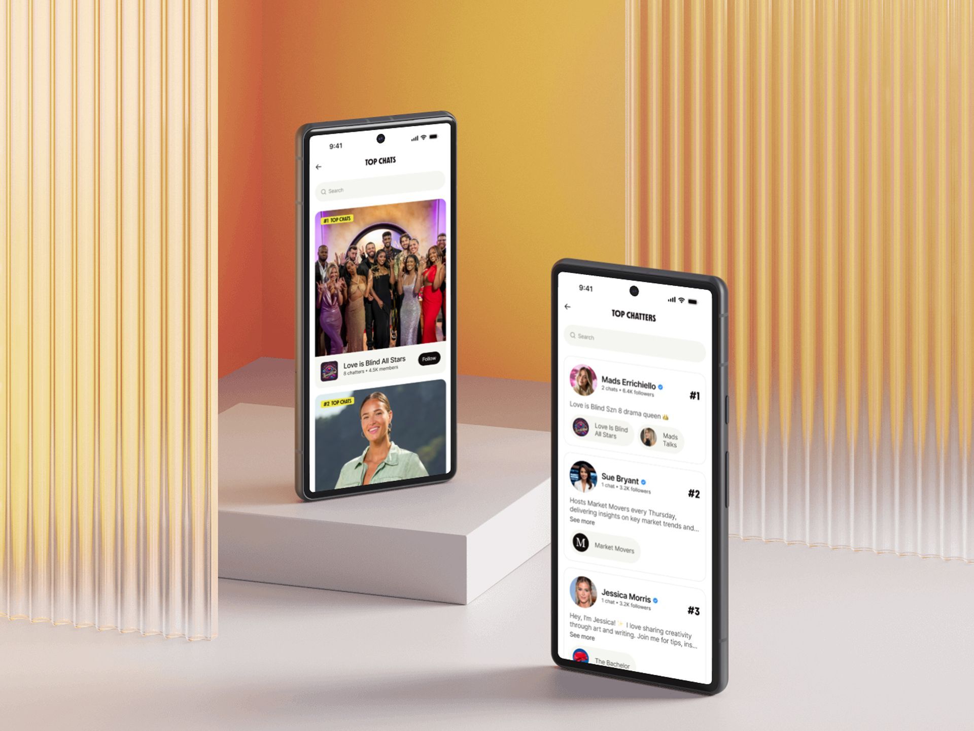 Two smartphones displaying the Clubhouse app. 