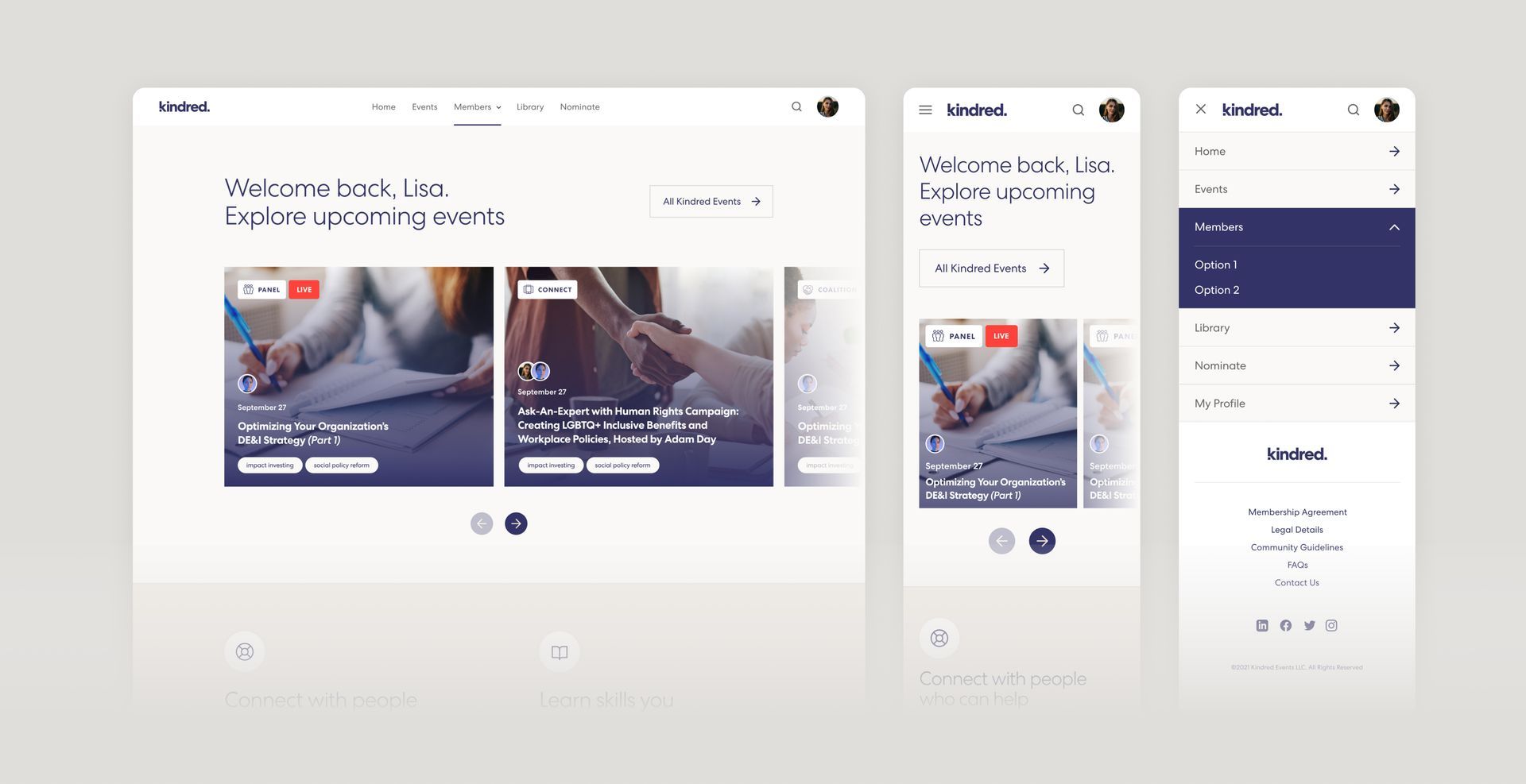 Website design: desktop view and mobile views showcasing course listings and navigation with a dark blue color scheme.