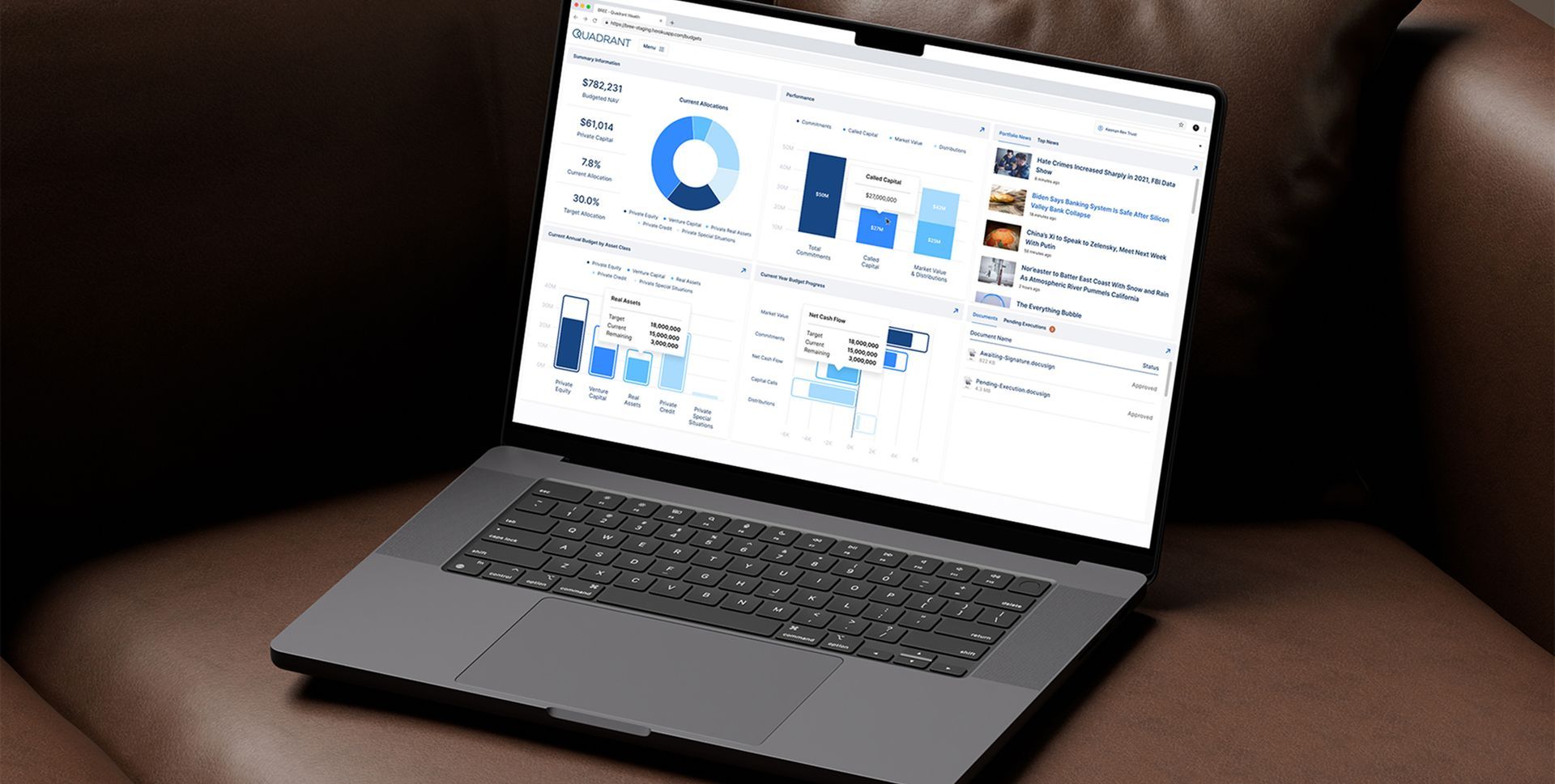Laptop displaying business data, open on a brown leather couch. Screen shows charts and graphs in blue and white.