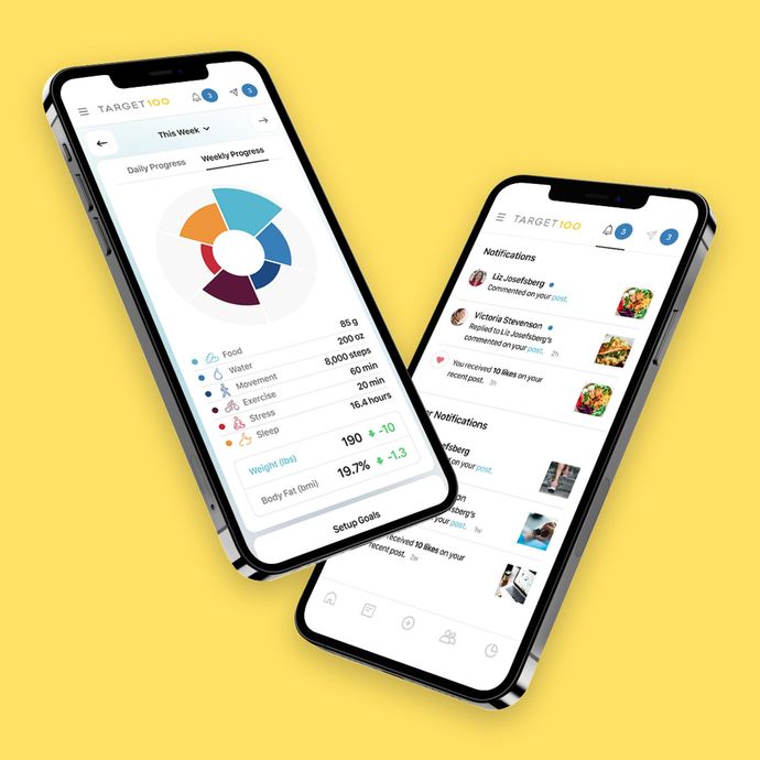 Two smartphones displaying app screens with charts and lists on a yellow background.