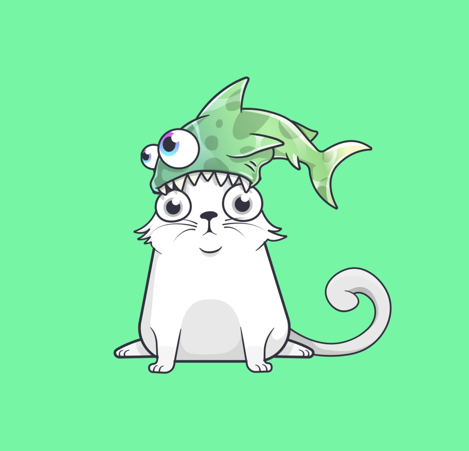 White cartoon cat wearing a fish-shaped hat with large eyes, sitting against a light green background.