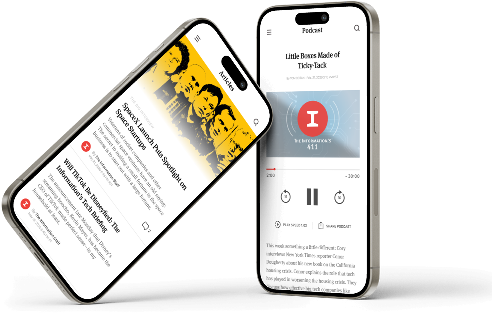 Two smartphones displaying news and audio content. 