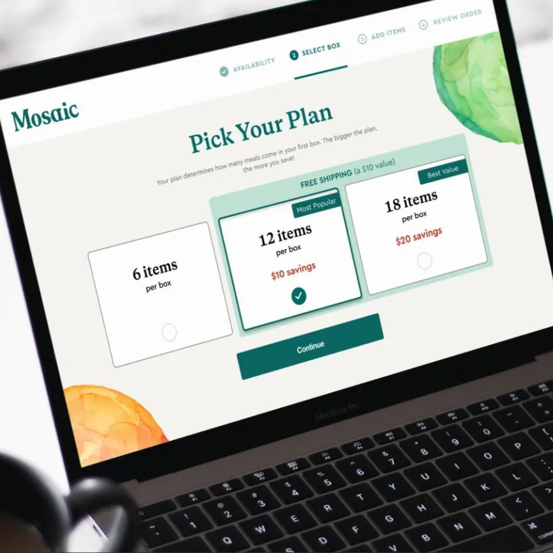 Laptop screen displaying the Mosaic meal plan selection: 6, 12, or 18 items per box.