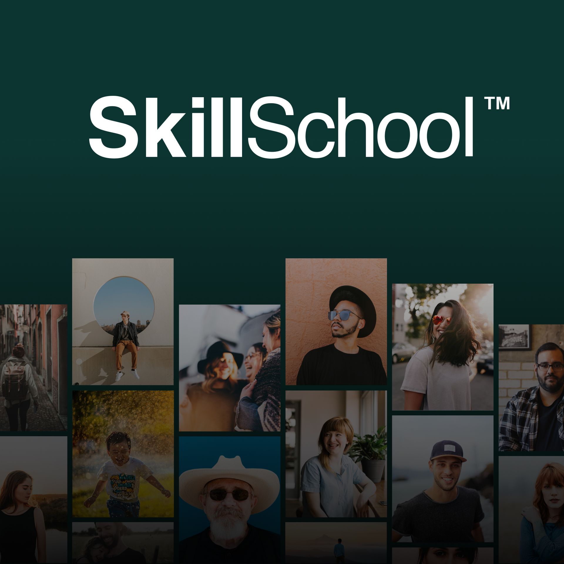 SkillSchool logo above a grid of lifestyle photos. The background is dark teal.