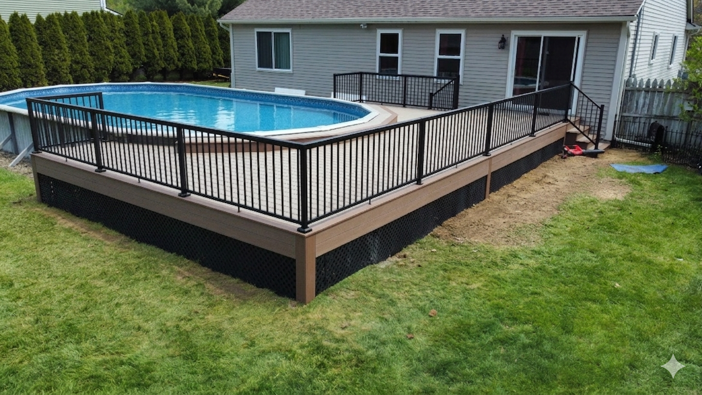 A high-angle view of a gray, multi-level deck with white railings and two green plastic chairs in a backyard lawn.
