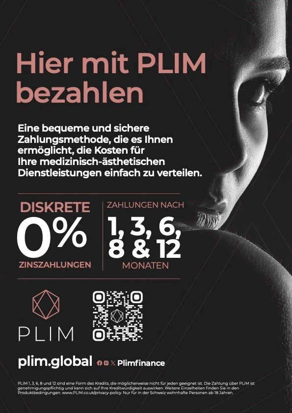 Werbeplakat für PLIM mit Gesicht und QR-Code, schwarze Fläche, weiß-rote Typografie, 0% Zinsen und 13, 6, 8, 12 Monate