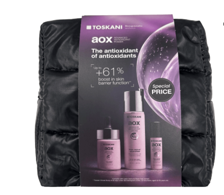 Toskani AOX Hautpflege-Geschenkset im schwarzen Beutel mit violetten Antioxidantien-Seren und Sonderpreisetikett