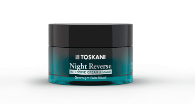Toskani Night Reverse Hautpflegeverpackung mit silbernem Sternenmuster und weißem Etikett auf hellem Hintergrund