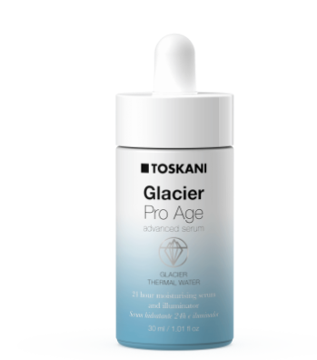 Flasche des Toskani Glacier Pro Age Advanced Serums mit weißem Verschluss und blauem Farbverlaufsetikett auf weißem Hintergrund