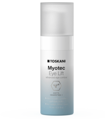 Flasche des Toskani Myotec Eye Lift Serums mit mattweißem Verschluss und blauem Farbverlauf am Boden.