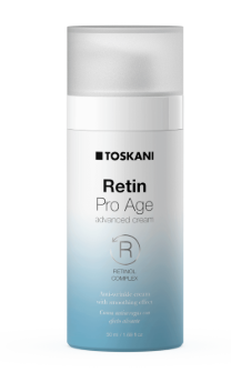 Toskani Retin Pro Age Advanced Creme, Flasche mit weißem Deckel und blauem Farbverlauf im Boden