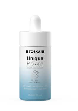 TOKSANI Unique Pro Age Serumflasche mit weißem Verschluss und blauem Farbverlaufsetikett