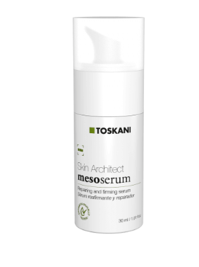 Weiße Toskani Anti-Age Mesoserum-Pumpflasche mit silbernem Verschluss auf schlichtem Hintergrund