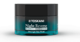 TOSKANI Night Reverse Nachtcreme zur Hautreparatur im Tiegel mit schwarzem Deckel und türkisfarbenen Akzenten