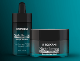 TOSKANI Night Reverse Nachtcreme zur Hautreparatur im Tiegel mit schwarzem Deckel und türkisfarbenen Akzenten