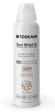 Weiße Toskani Sun Shield-D Sonnenschutzsprayflasche auf einfarbigem Hintergrund