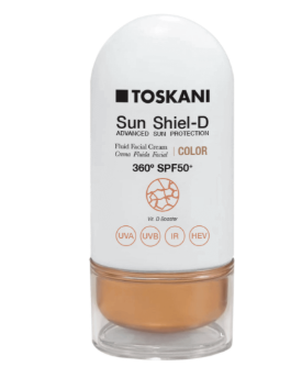 TOSKANI Sun Shield-D Sonnenschutzmittelflasche mit LSF 50+, transparentem Deckel und orangefarbenem Boden