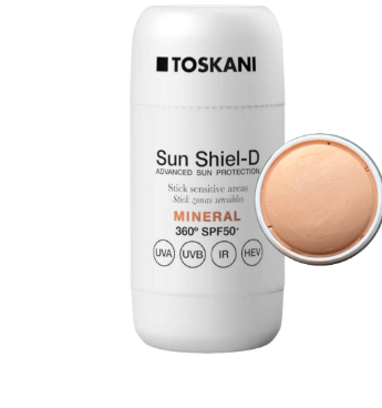 TOSKANI Sun Shield-D Sonnenschutzstift mit beigem Balsam und LSF 50+ Symbolen