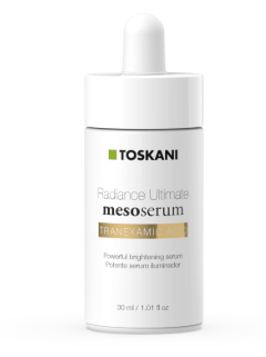 Weiße Toskani Radance Ultimate Mesoserum Tropfflasche mit goldenem Etikett auf weißem Hintergrund